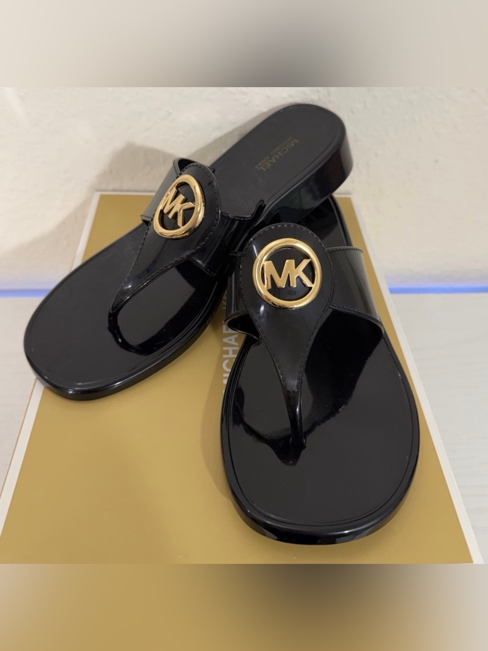 Michael Kors Black Patent Jelly Thong Sandals with Gold MK Medallion